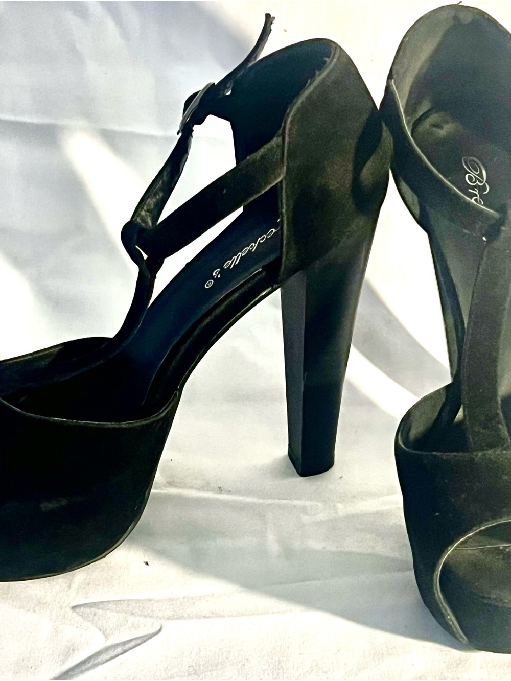 Breckelles Black Suede Platform T-Strap Heels